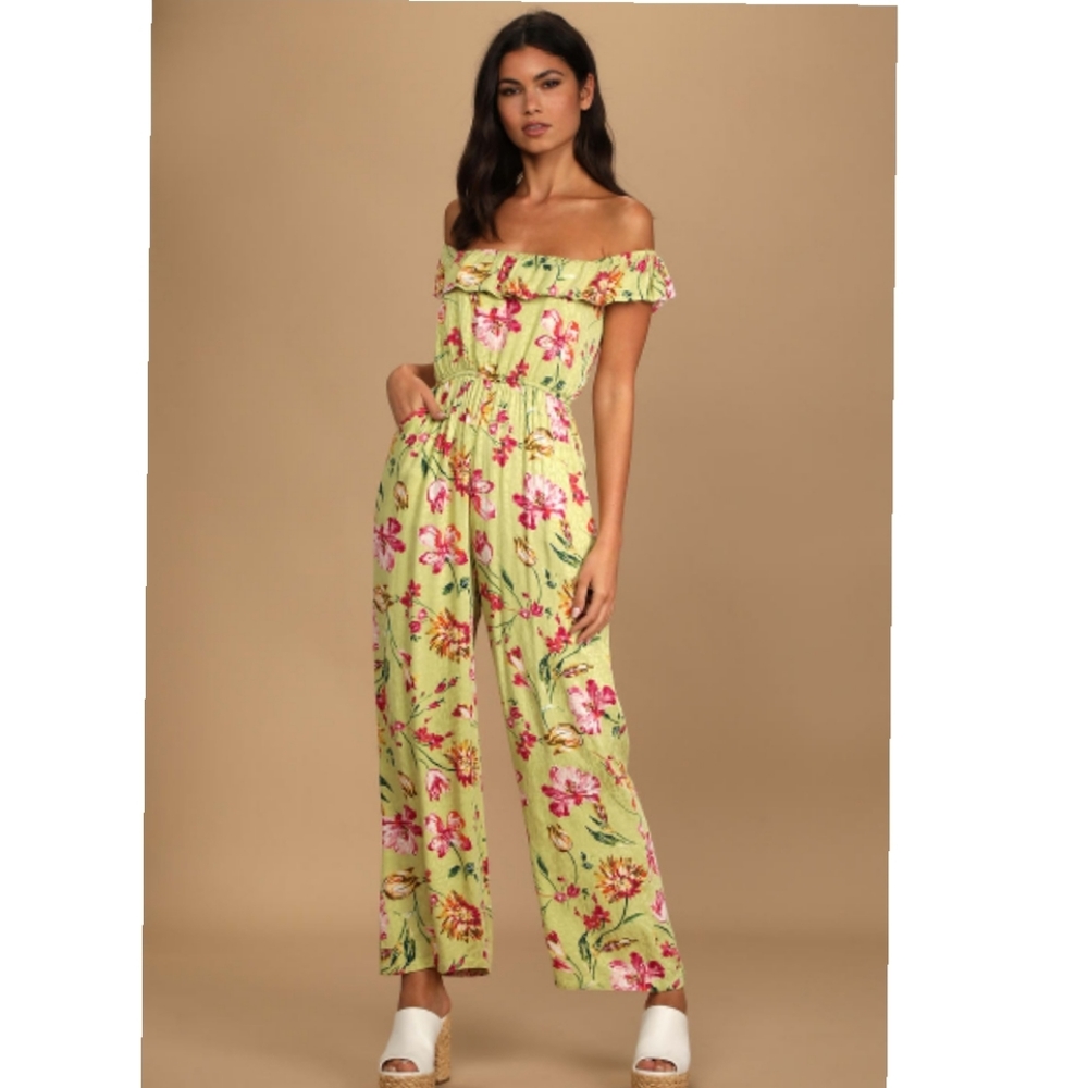 Lulu's Fierce Blooms Chartreuse Floral Off The Shoulder Jump…